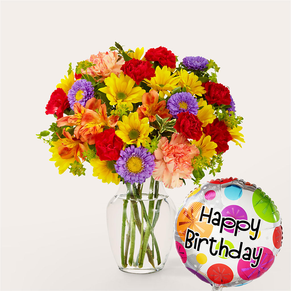 Kaleidoscope Bouquet with Birthday Balloon – Kalas Events Inc, Orlando FL
