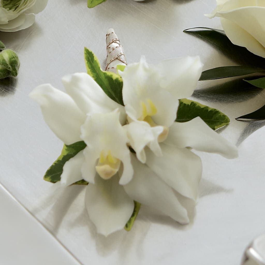 White Mini Cymbidium Boutonniere – Kalas Events Inc, Orlando FL