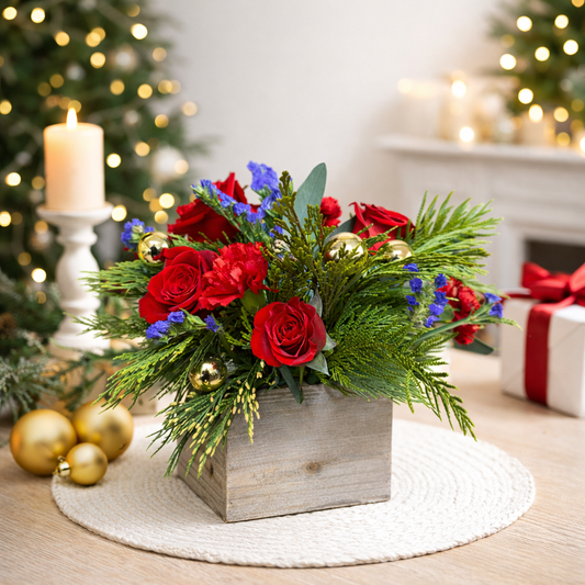 Festive Red Rose & Evergreen Holiday Arrangement