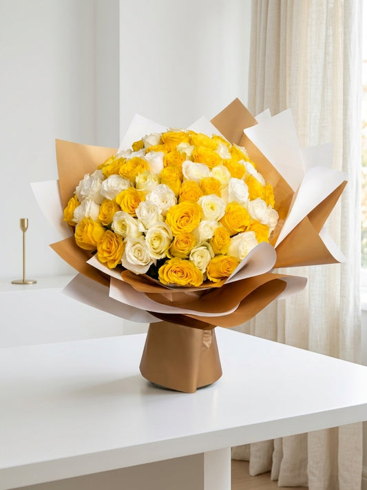 Golden Serenity Bouquet – 50 Premium White & Yellow Roses –  Kalas Events Inc, Orlando FL