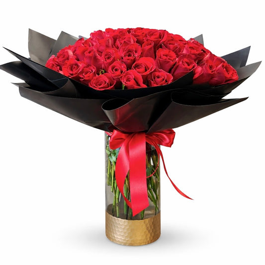 50 Premium Red Roses in Glass Vase with Black Wrap