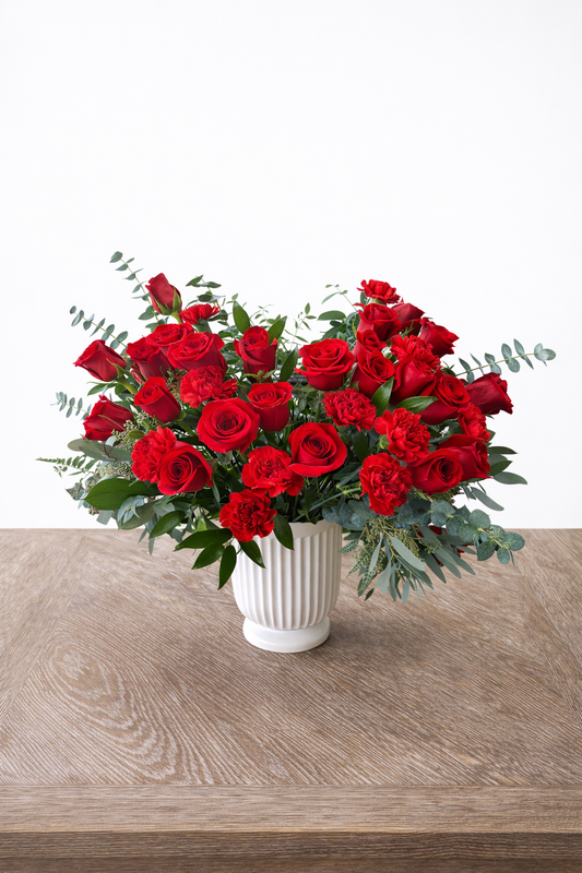 Crimson Elegance – Red Roses & Carnations in Ceramic Vase