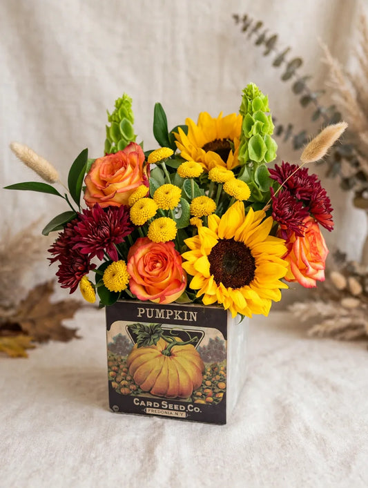 Vintage Pumpkin Seed Box Arrangement – Fall Sunflowers & Orange Roses 🎃🌻 –  Kalas Events Inc, Orlando FL