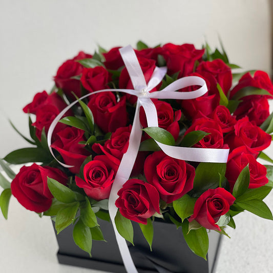 boxed roses with bow